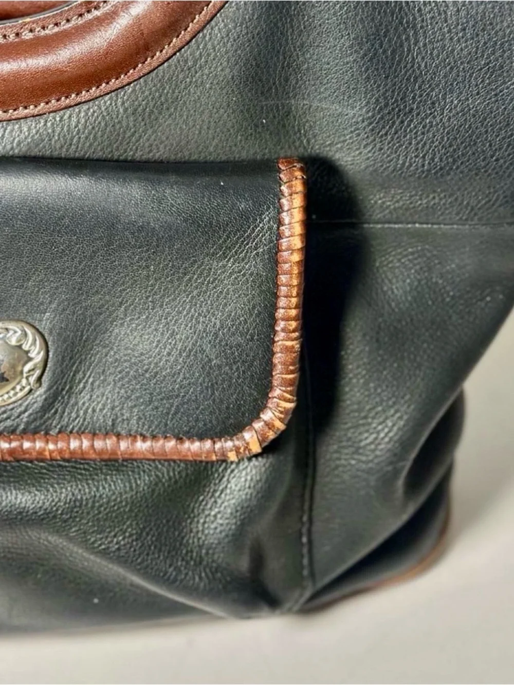 Fossil Dark Green Vintage Leather Tote with Brown Braided Handles